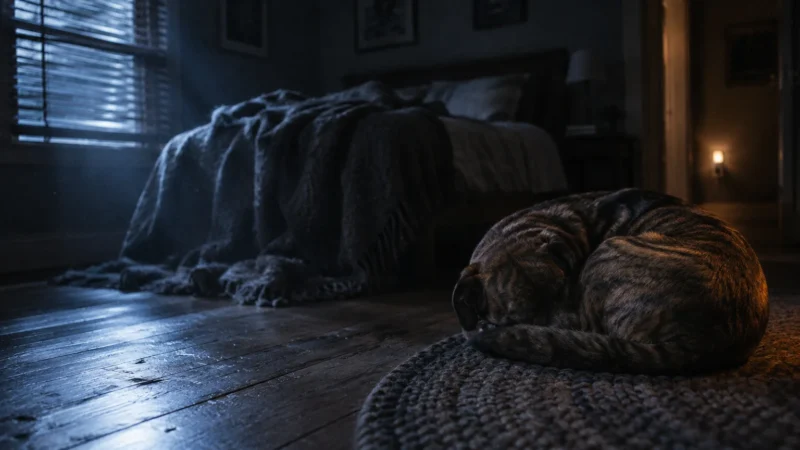 A brindle dog curled tightly into a ball sleeps on a braided rug on a dark wooden floor beside a bed.