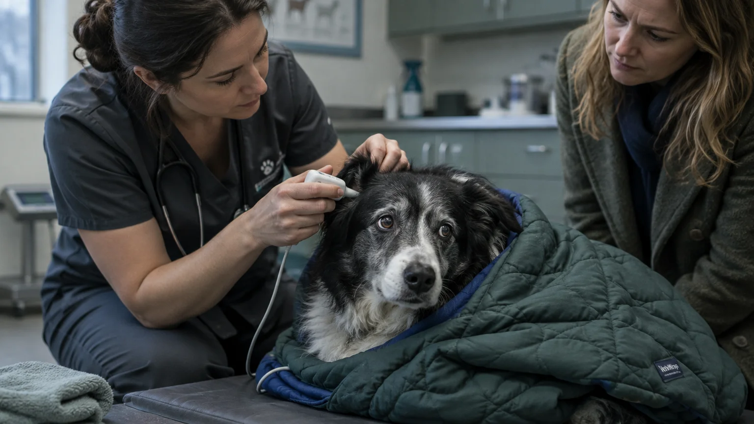 A veterinarian checks a blanket-wrapped dog's ear temperature while an owner watches in an examination room.