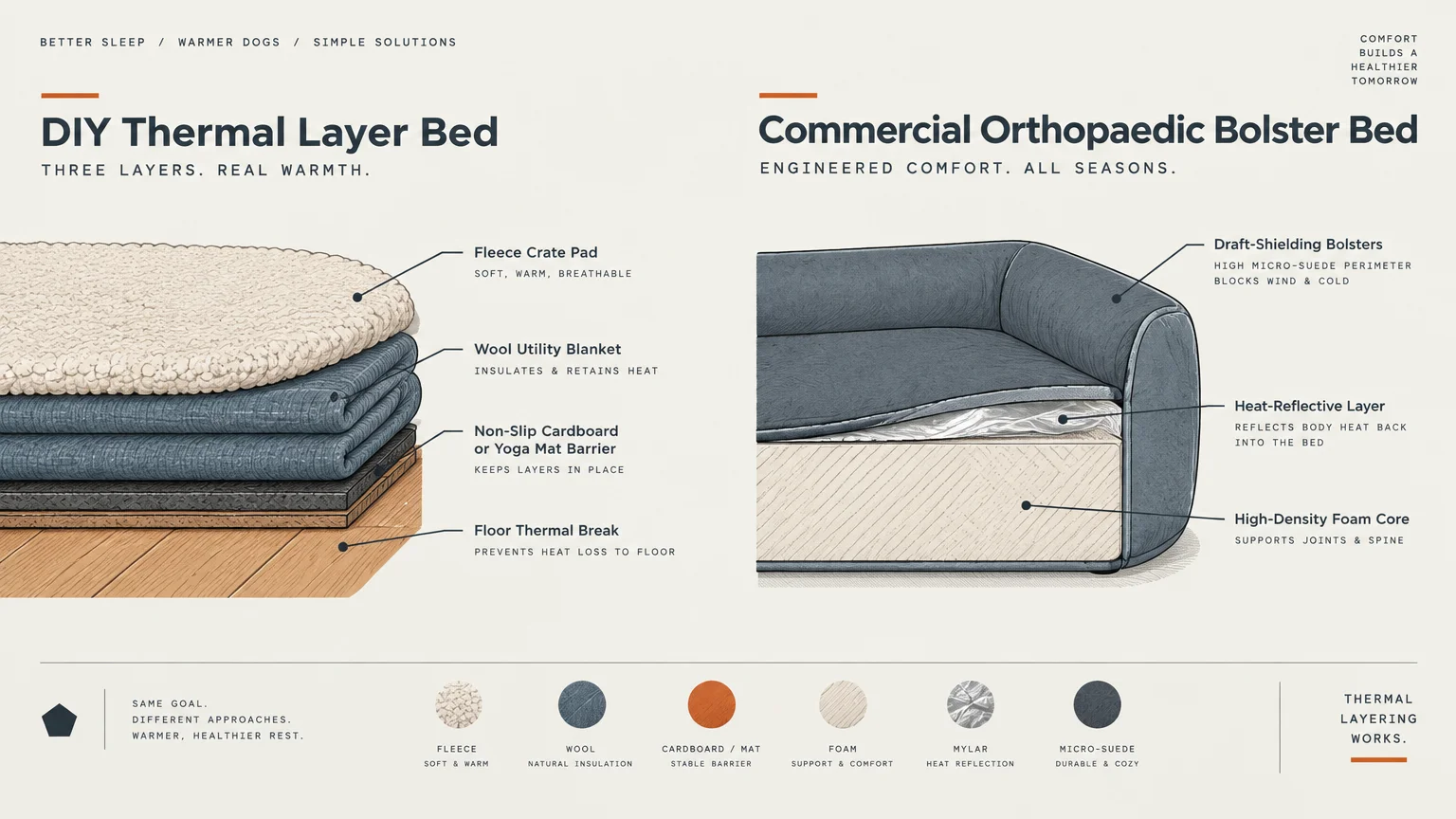 Diagram comparing cross-sections of a DIY layered dog bed and a commercial orthopaedic bolster bed with labeled materials.