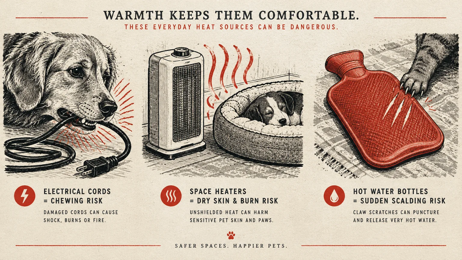 Three-panel illustration warning against heating hazards: dog chewing a cord, space heater beside a dog bed, and scratched hot water bottle.