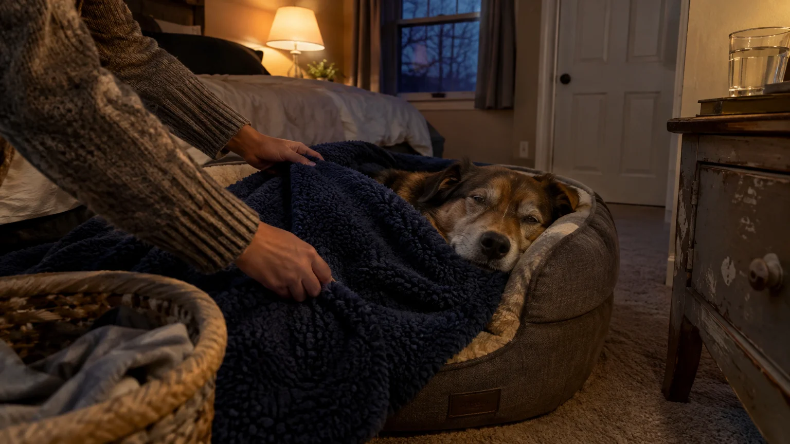 A person covers a sleeping dog with a dark blue fleece blanket inside a plush pet bed beside a bedroom nightstand.