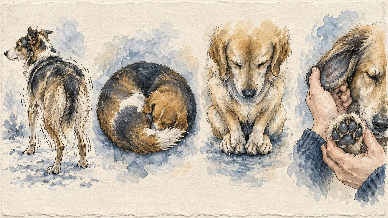 Watercolor illustrations of dogs shivering, curled into a tight ball, hunched, and having an ear and paw held.