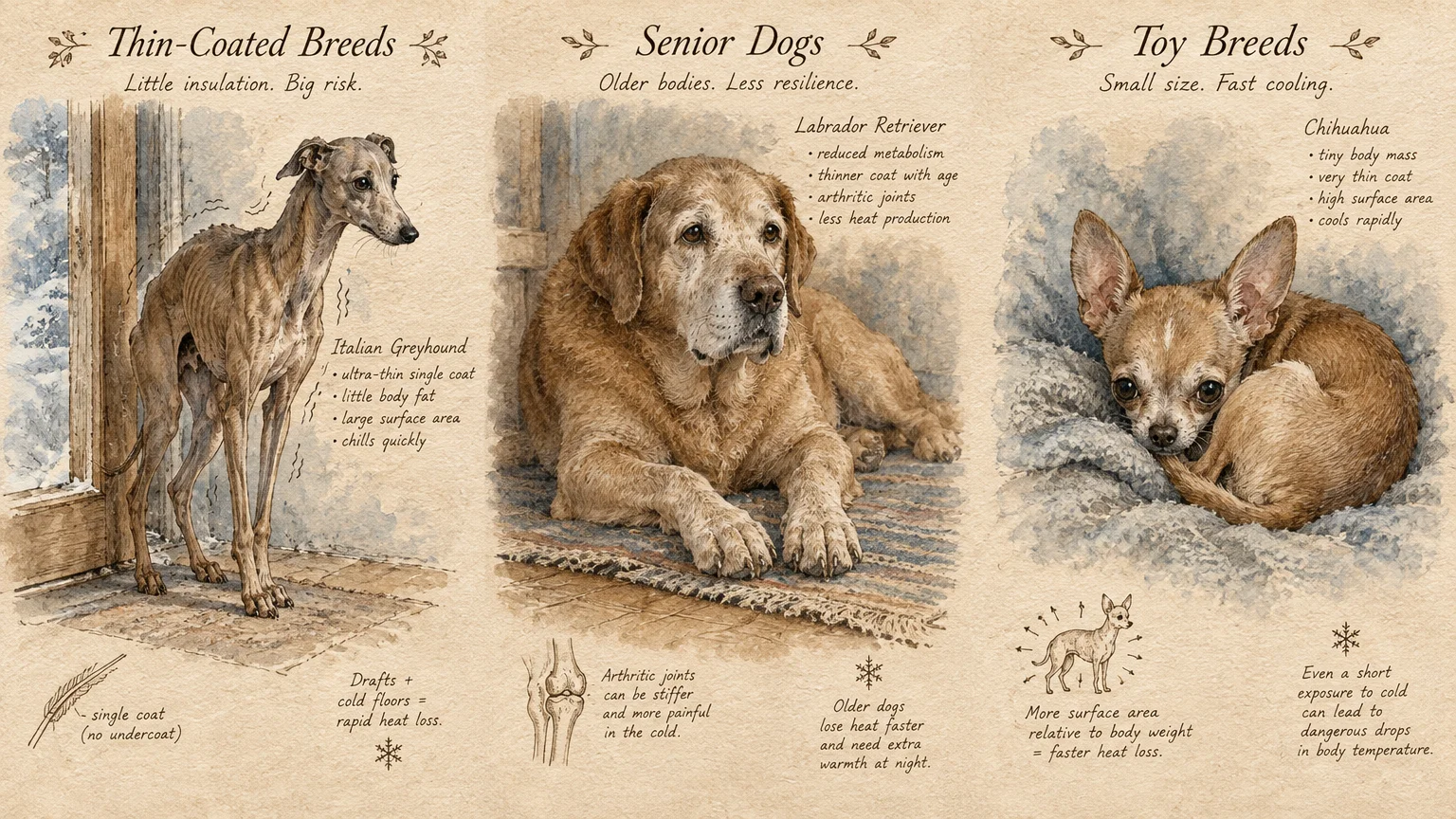Three-panel illustration showing an Italian Greyhound, an older Labrador Retriever, and a curled-up Chihuahua with text notes.